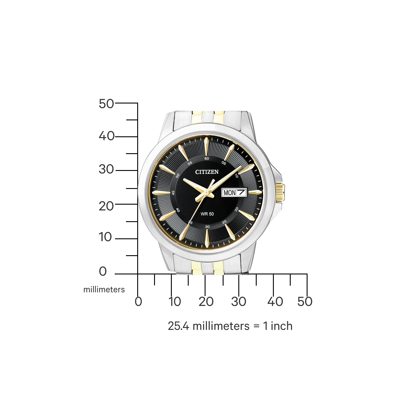 Citizen horloge met zwarte wijzerplaat, gouden accenten en dag/datum weergave.