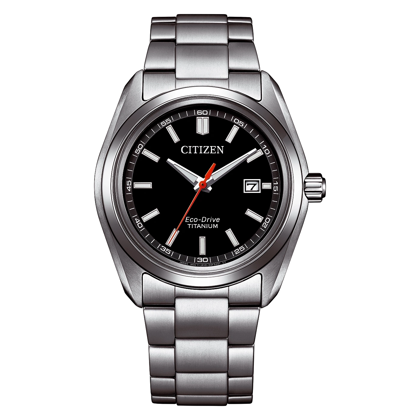 Een Citizen Eco-Drive Titanium horloge met zwarte wijzerplaat en zilveren band.