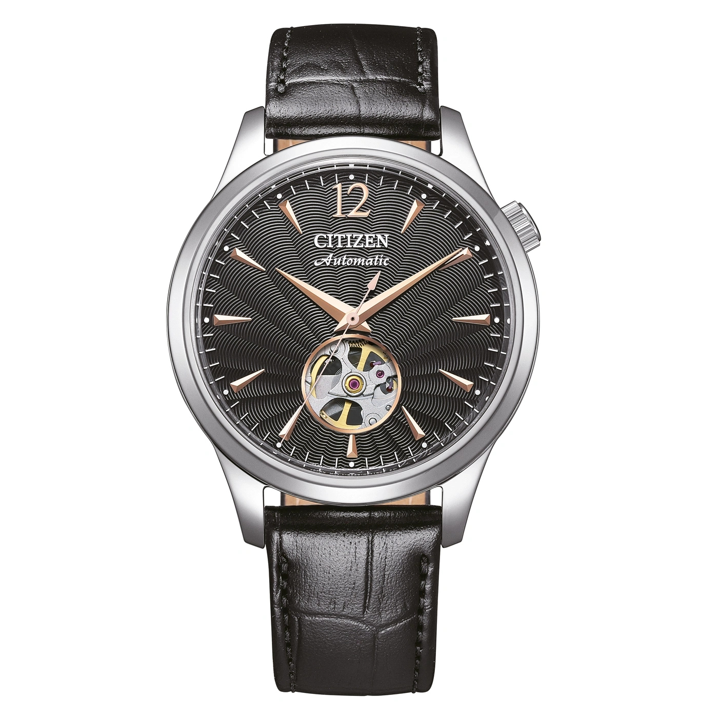 Citizen Automatic horloge met zwarte leren band en open hart design.
