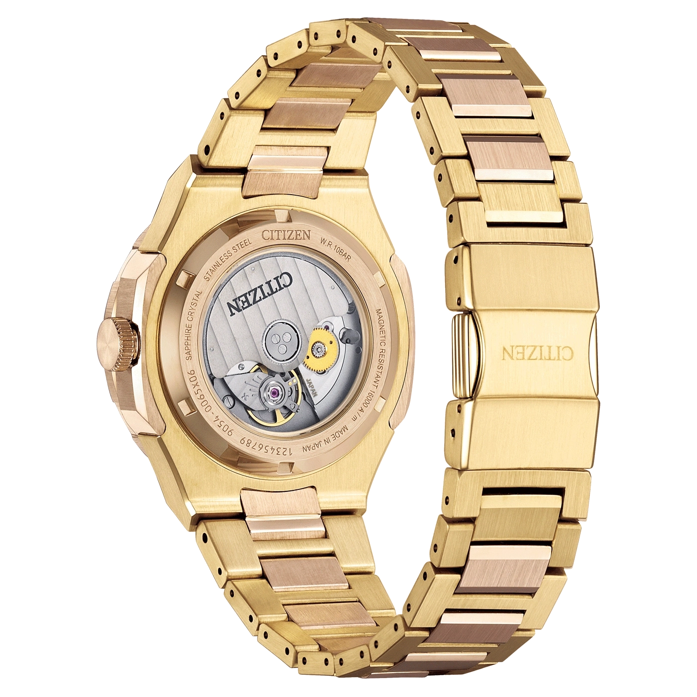 Gouden Citizen horloge achterkant, saffier kristal, roestvrij staal, Japans uurwerk, armband.