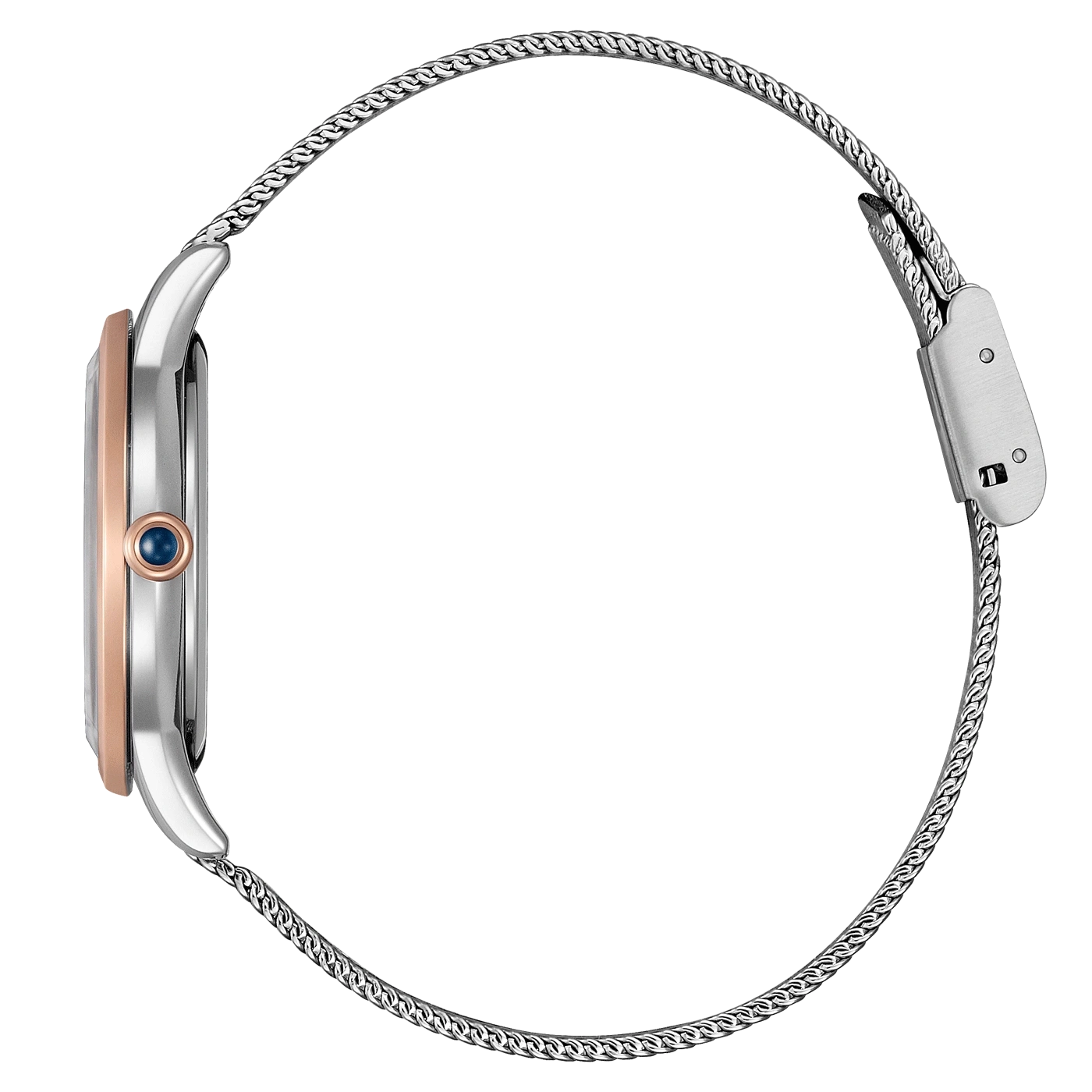 Zijaanzicht van een zilveren horloge met een mesh bandje en roségouden accenten.