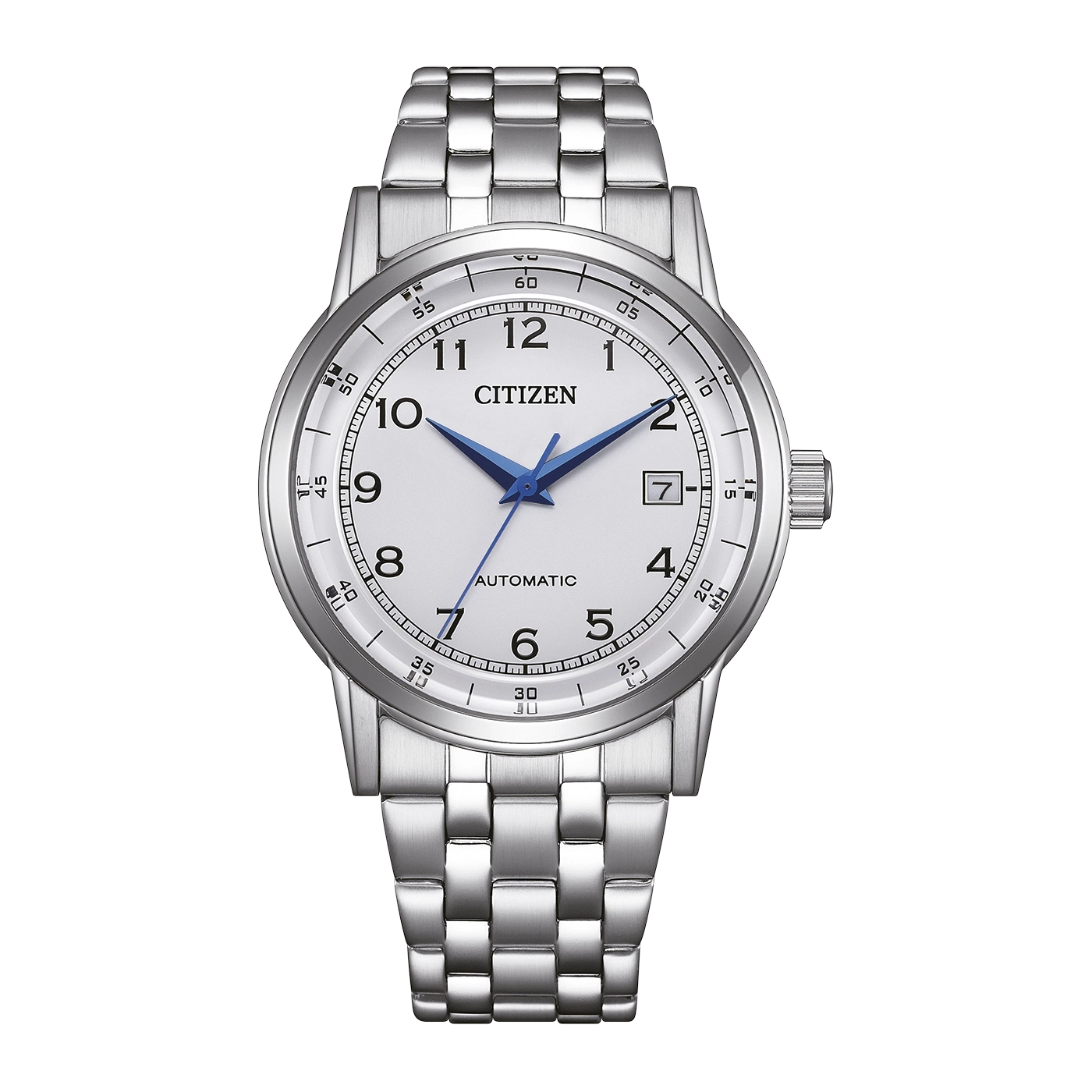 Een wit Citizen automatisch horloge met blauwe wijzers en metalen band.