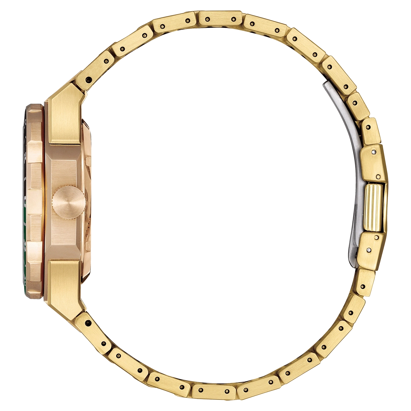 Gouden horloge zijaanzicht, ronde vorm, metalen band, luxe accessoire, elegant design