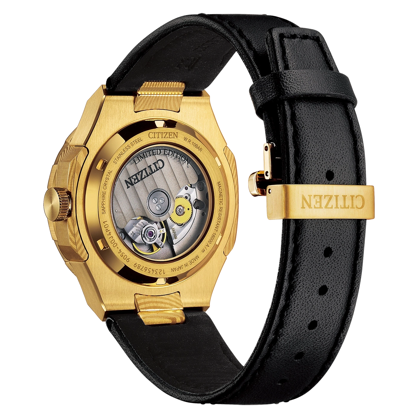 Een gouden Citizen horloge met een zwart leren band en een open achterkant die het uurwerk toont.
