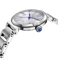 Close-up van een zilveren Citizen Eco-Drive horloge met blauwe wijzers en een blauwe edelsteen op de kroon.