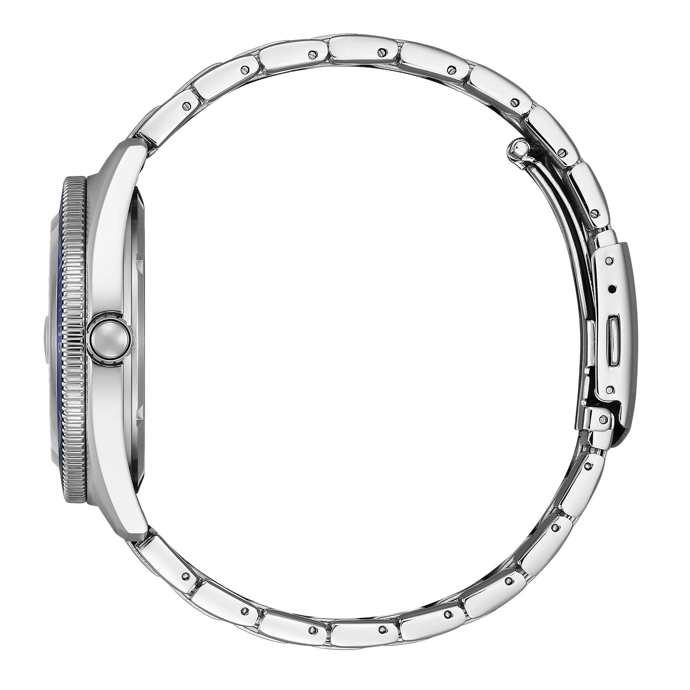 Zijaanzicht van een zilveren horloge met metalen band.