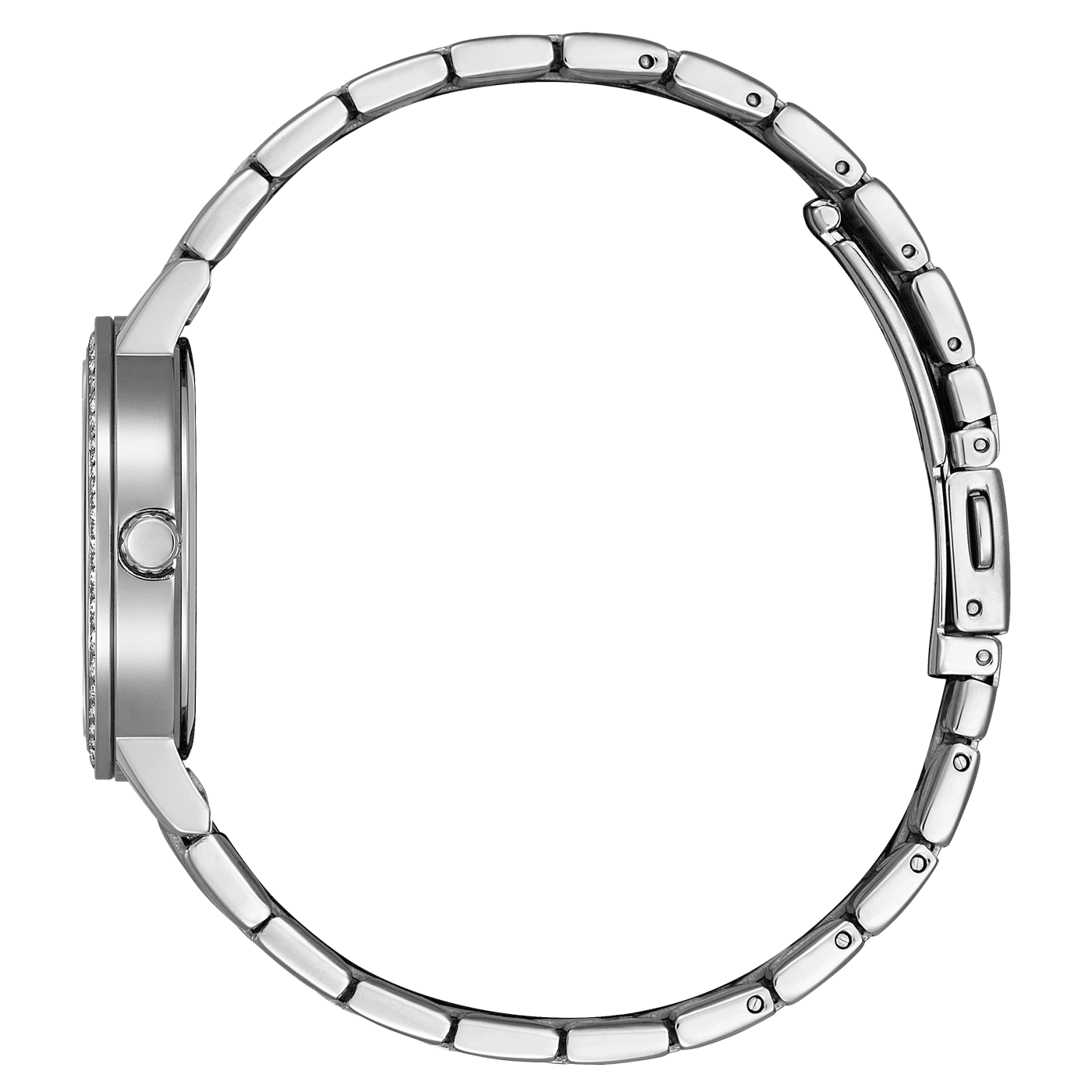 Zilveren horloge met ronde wijzerplaat, diamant bezette lunette en band.