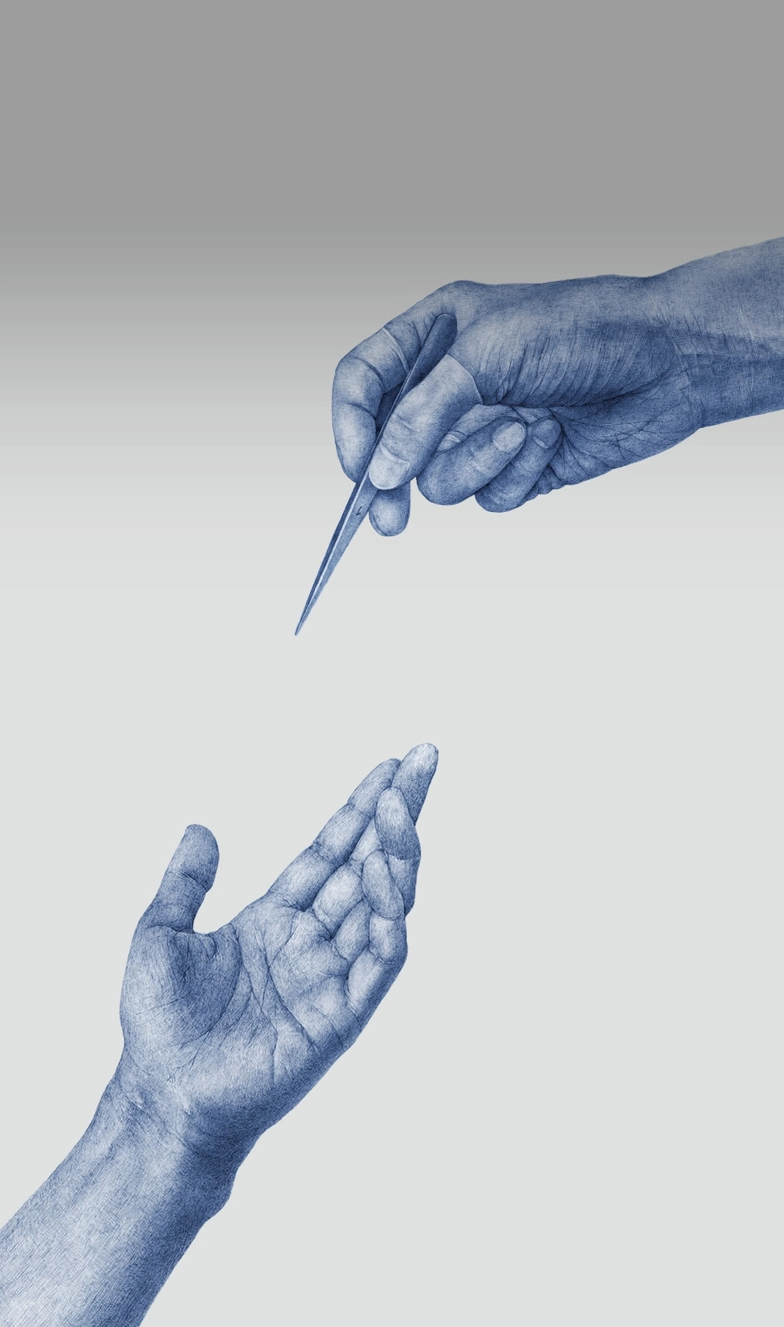 Handen met pincet, aanbieden of ontvangen, blauwe tekening op grijze achtergrond