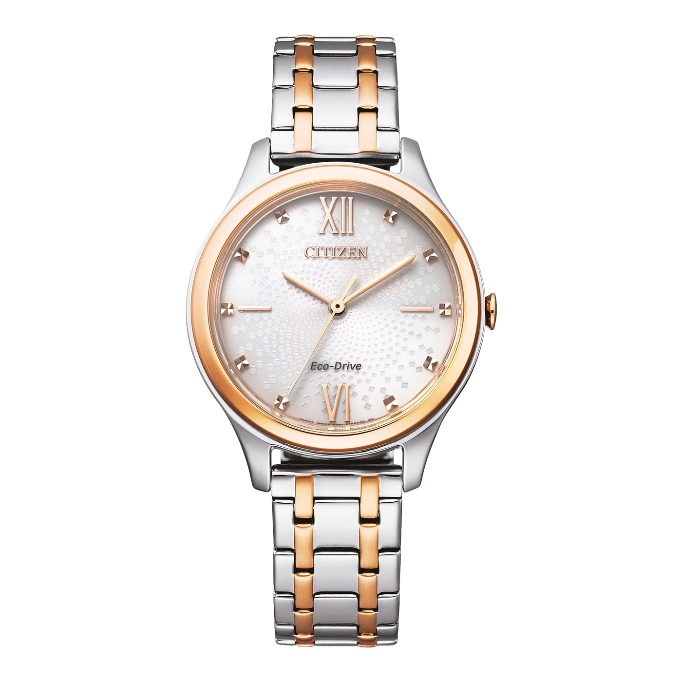 Citizen horloge met zilveren en gouden band, witte wijzerplaat, Romeinse cijfers, Eco-Drive