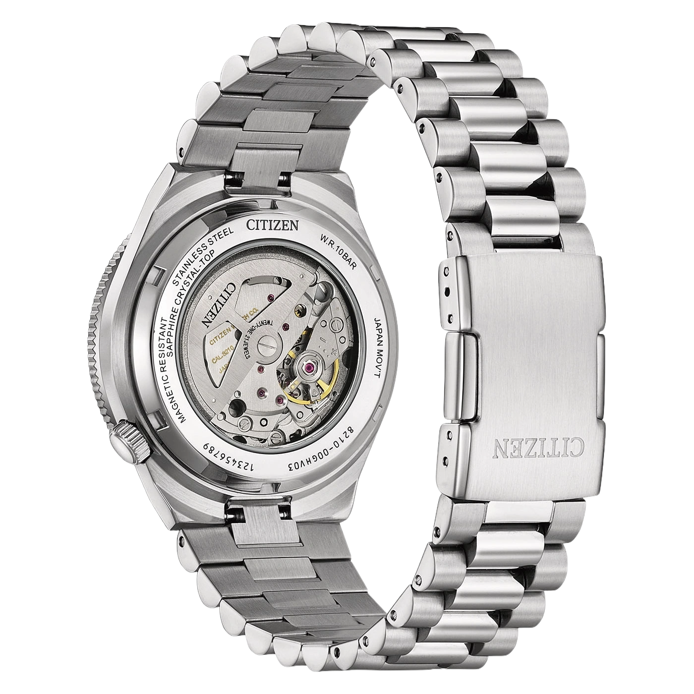 Een close-up van de achterkant van een roestvrijstalen Citizen horloge met zichtbaar automatisch uurwerk.