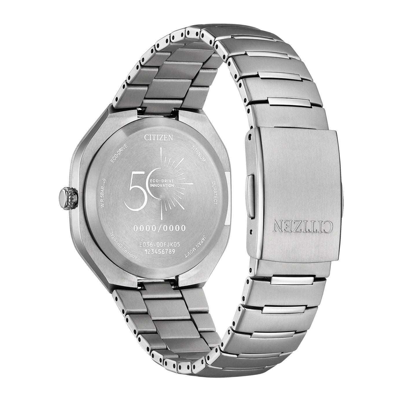 Achterkant van een zilveren Citizen horloge met "Eco-Drive" en "50" zichtbaar.
