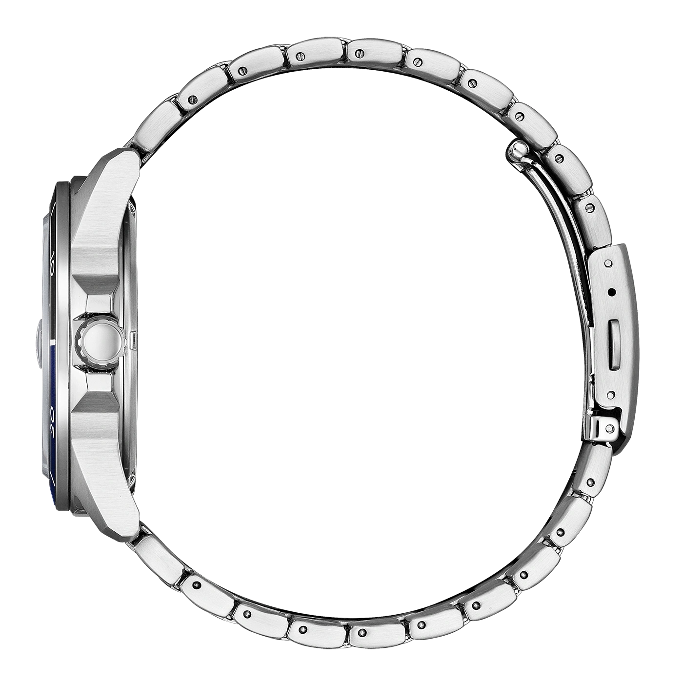 Zijaanzicht van een zilveren polshorloge met blauwe bezel en metalen band.