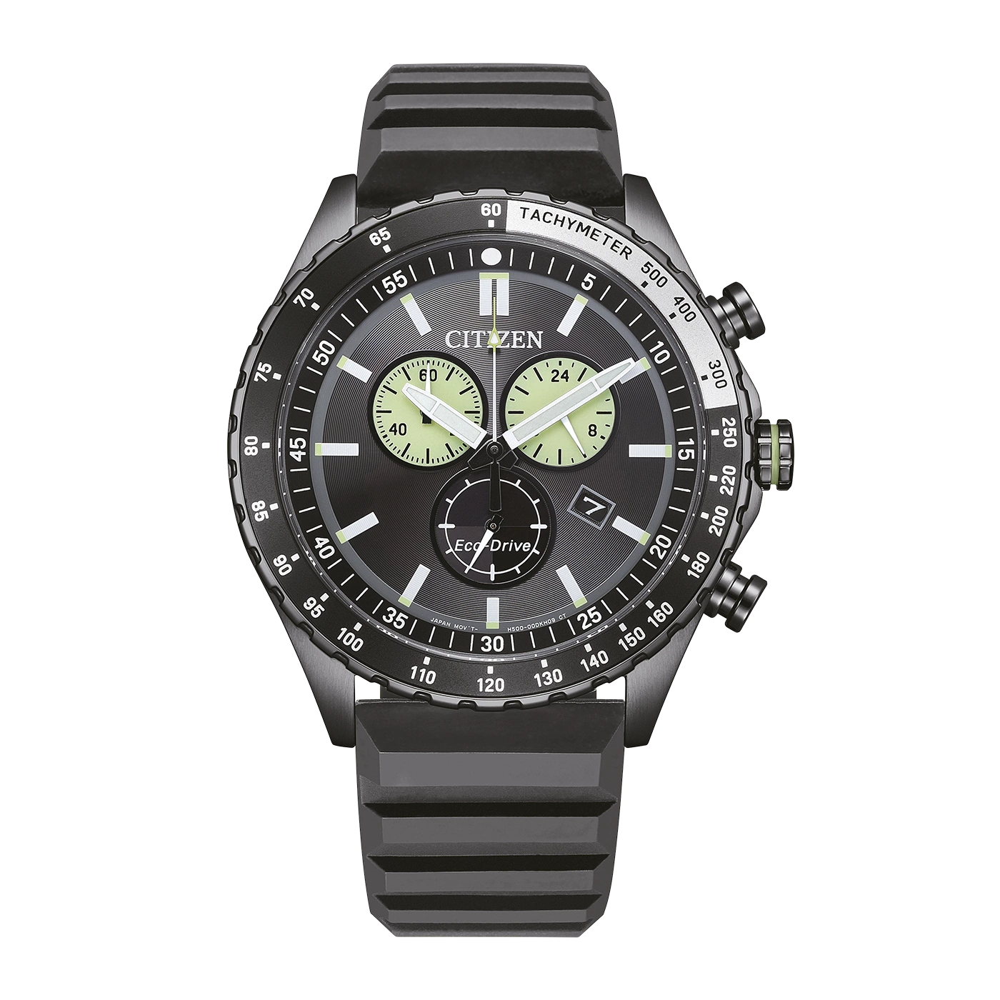 Een zwart Citizen Eco-Drive horloge met tachymeter-ring en groene accenten.