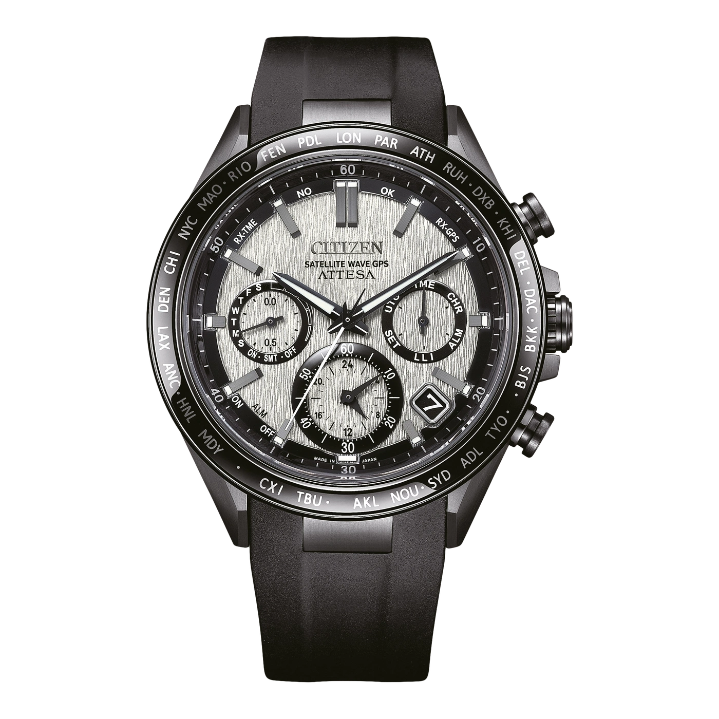 Citizen Attesa horloge met zwarte band en meerdere wijzerplaten, tijdzones.