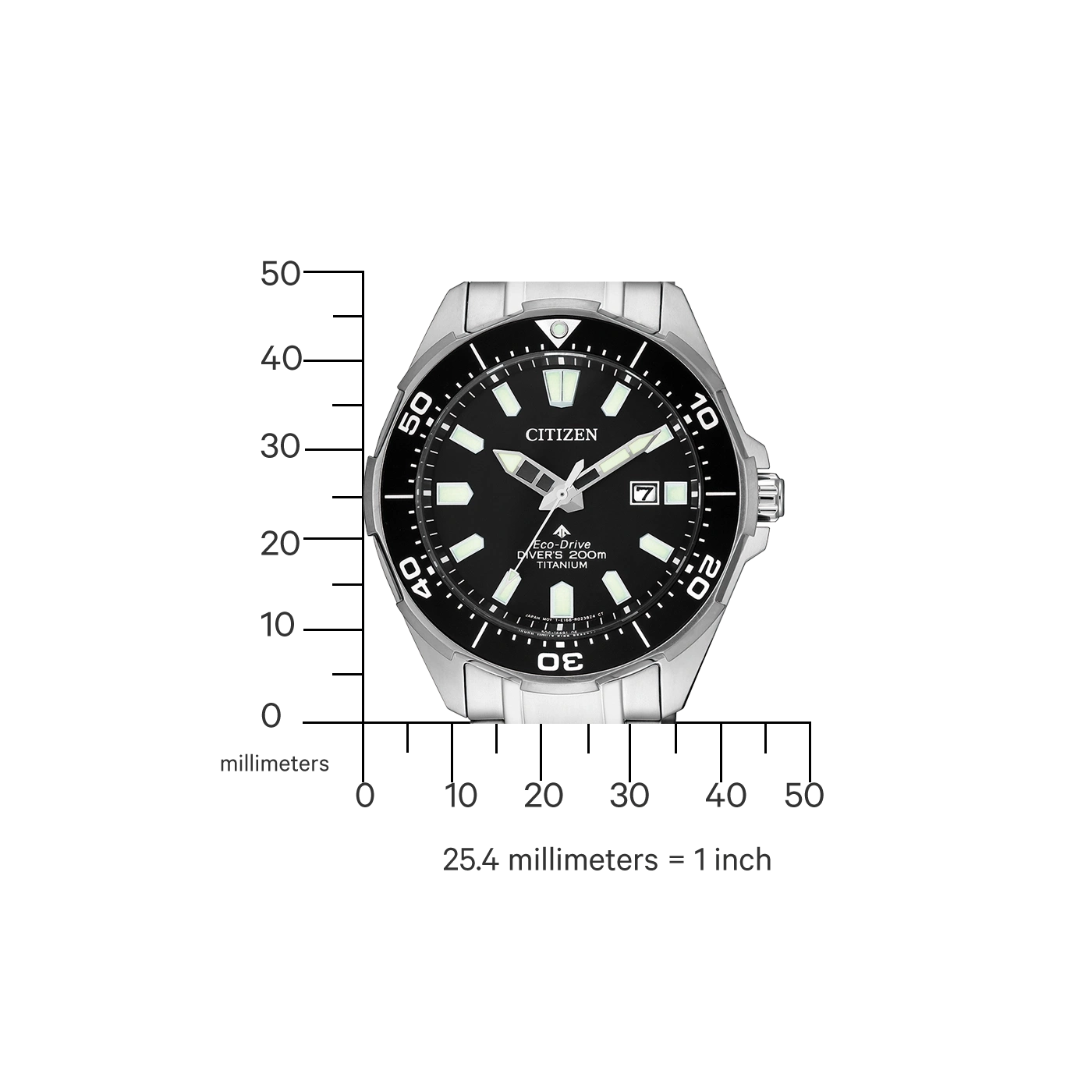 Citizen horloge met zwarte wijzerplaat, titanium en meetschaal.