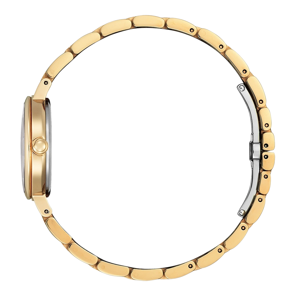 Gouden horloge met een ronde wijzerplaat en een gouden armband, zijaanzicht.