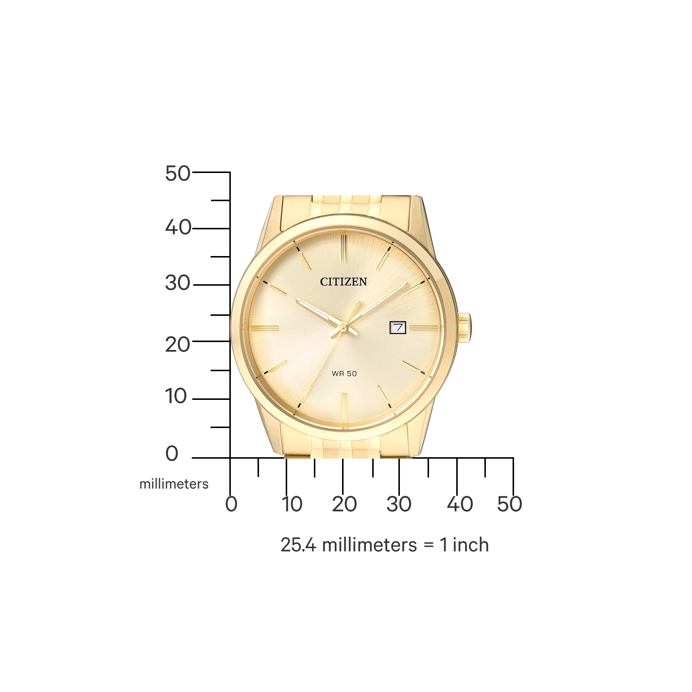 Gouden Citizen horloge met datumweergave, WR 50 en millimeterschaal.