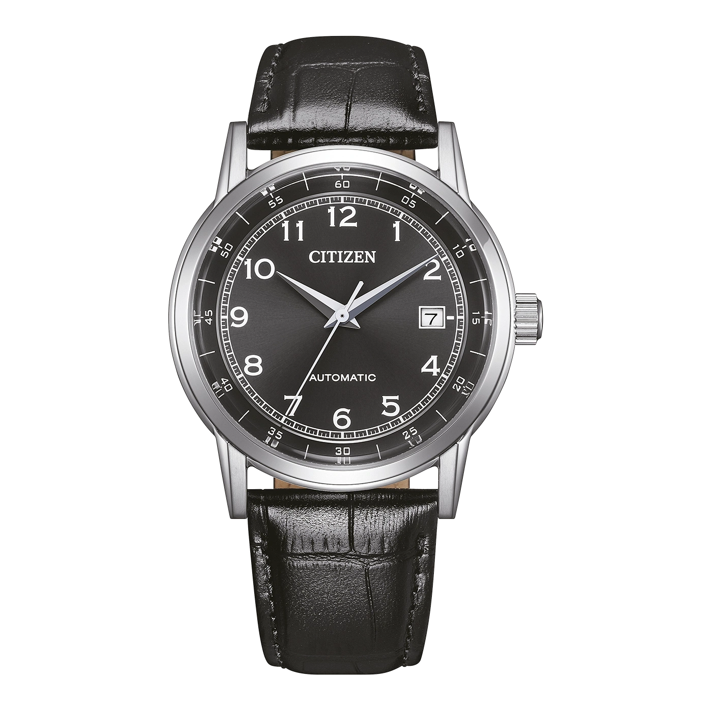 Een zwarte Citizen automatische horloge met leren band.
