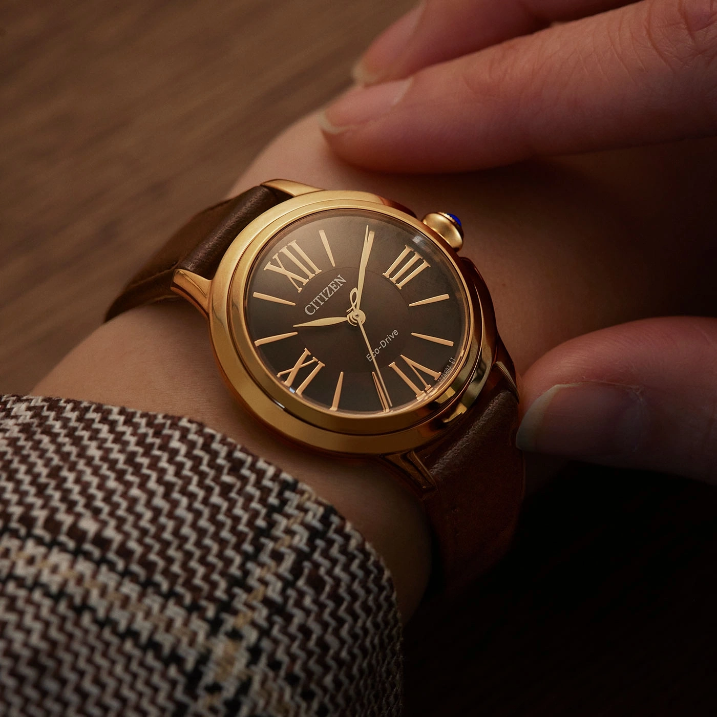 Citizen horloge om de pols, gouden kast, bruine leren band, Romeinse cijfers, Eco-Drive