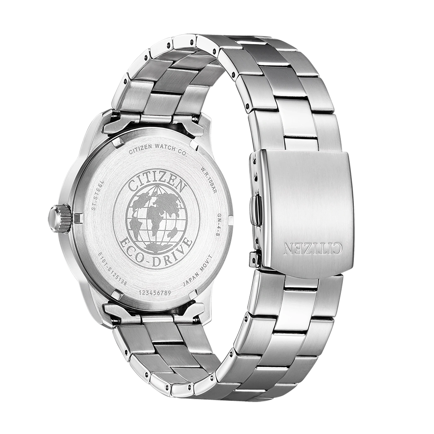 Citizen horloge, roestvrij staal, Eco-Drive, achteraanzicht, close-up, zilver