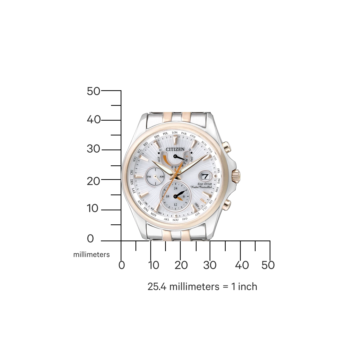 Citizen horloge met zilveren en gouden accenten, toont tijd en datum, met een schaal in millimeters.
