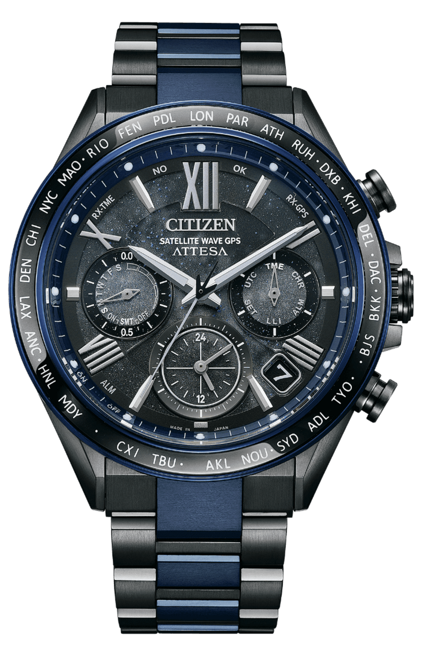 Citizen Attesa horloge met meerdere wijzerplaten, zwart en blauw design, satellietgolf GPS.