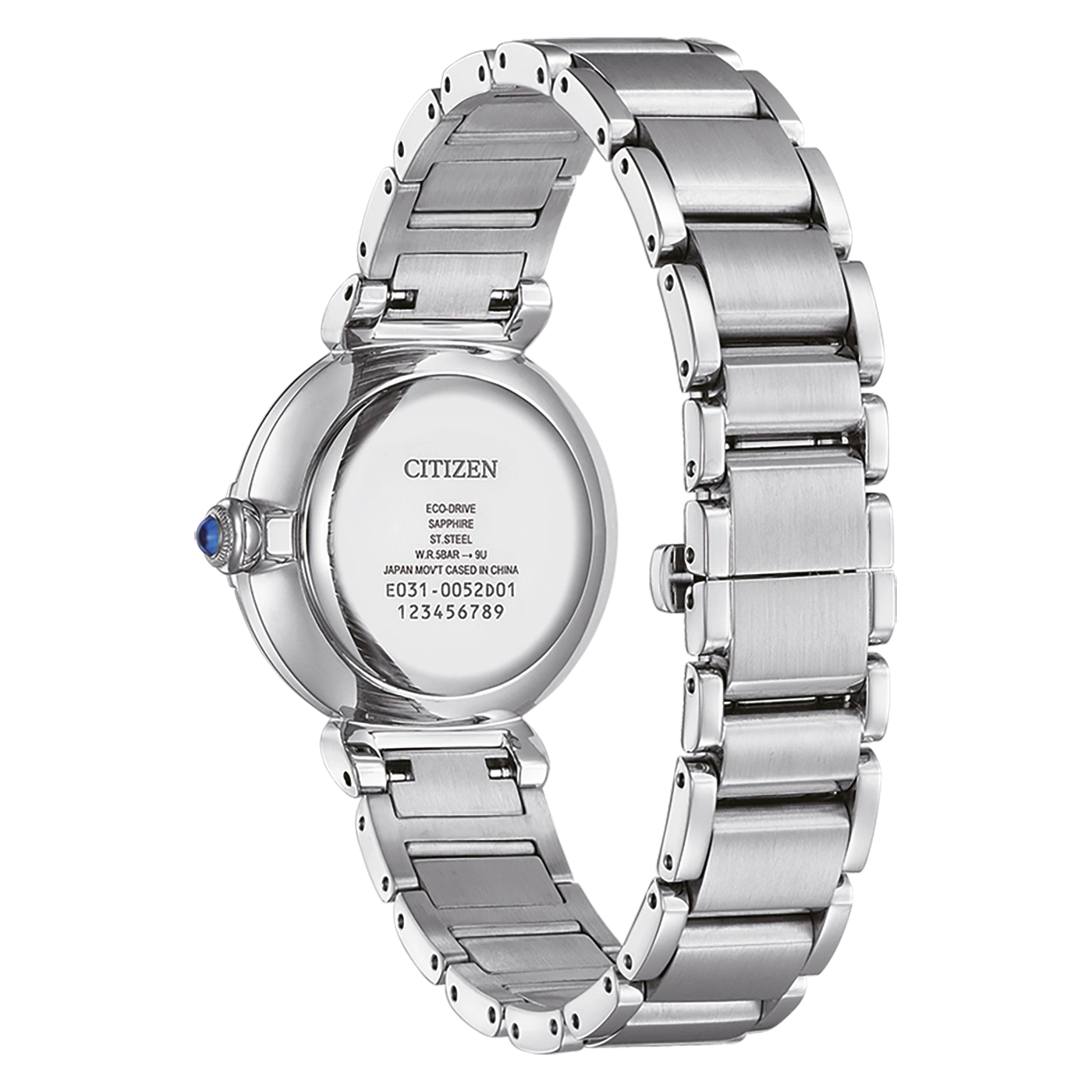 Citizen horlogerug met details: Eco-Drive, Sapphire, ST.Steel, W.R.5Bar, Japan Movt.