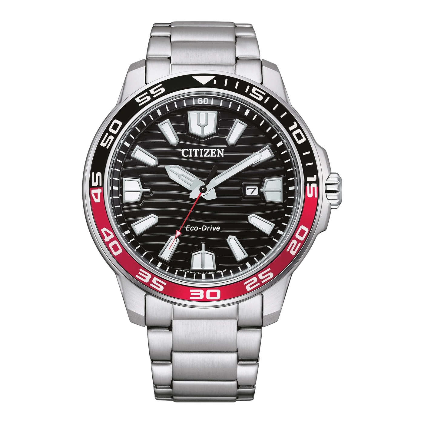 Citizen horloge met zwarte wijzerplaat, rode bezel en zilveren band. Eco-Drive.