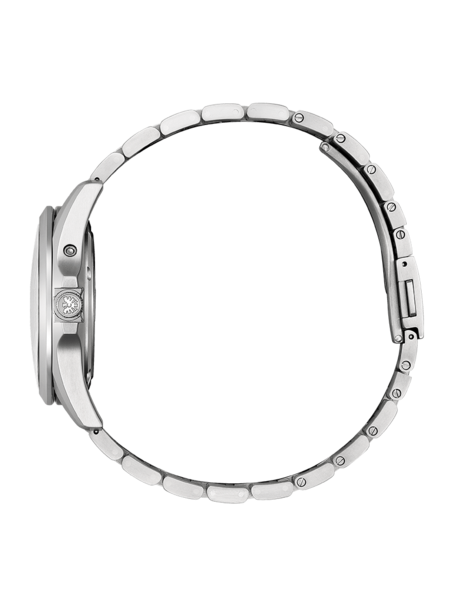 Zijaanzicht van een zilveren polshorloge met metalen band op groene achtergrond.