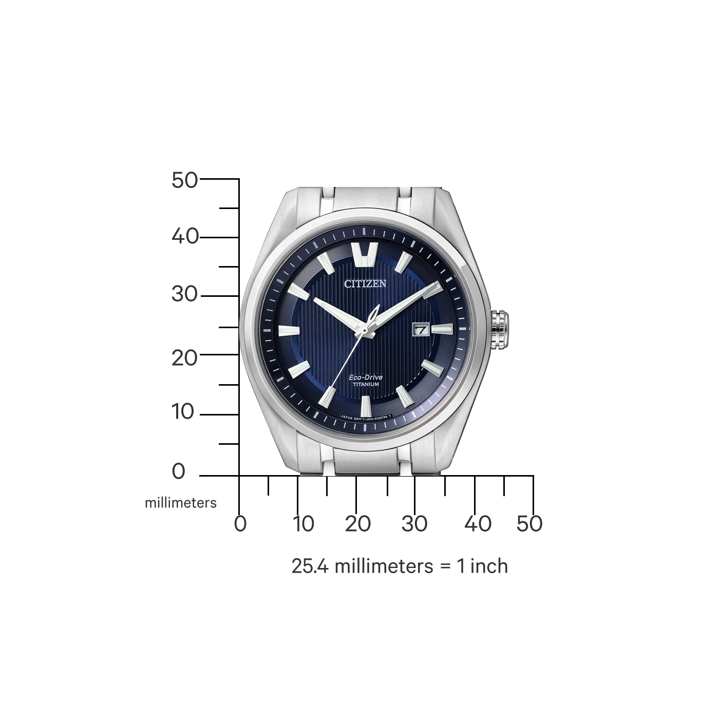 Citizen horloge met blauwe wijzerplaat, titanium, Eco-Drive en millimeterschaal.