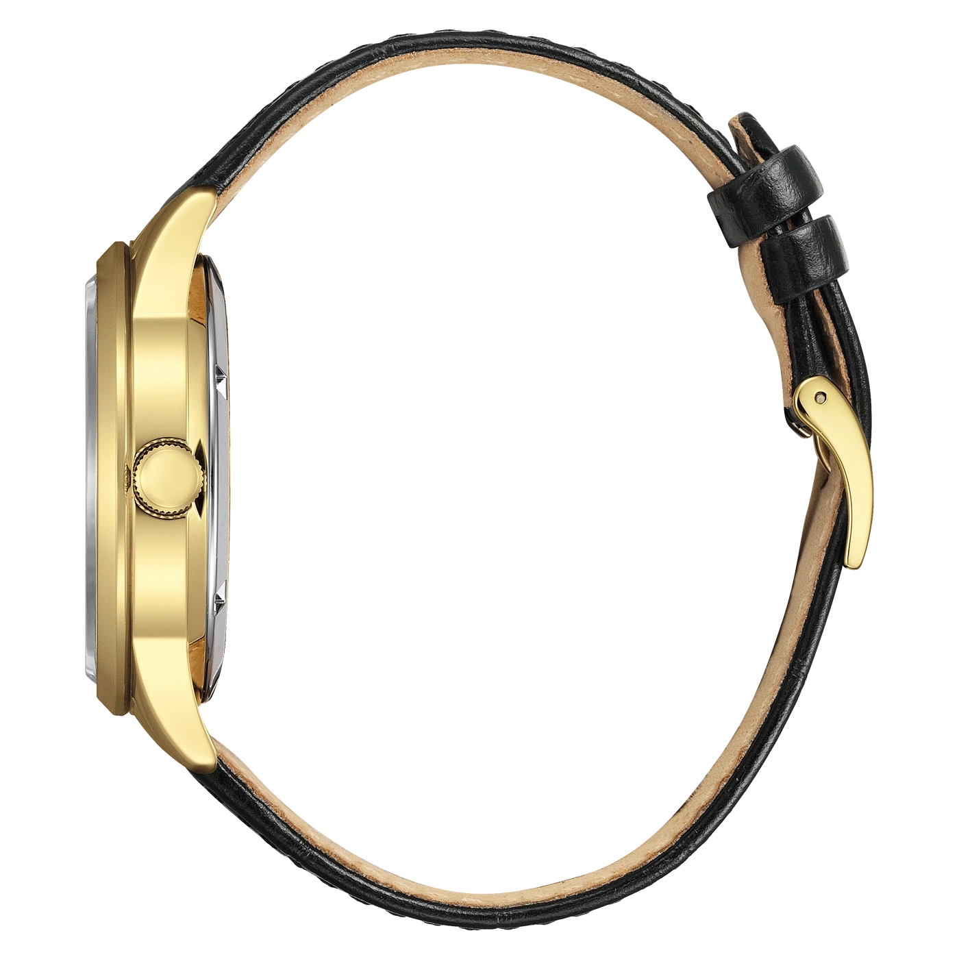 Gouden horloge met zwarte leren band, zijaanzicht, elegant ontwerp