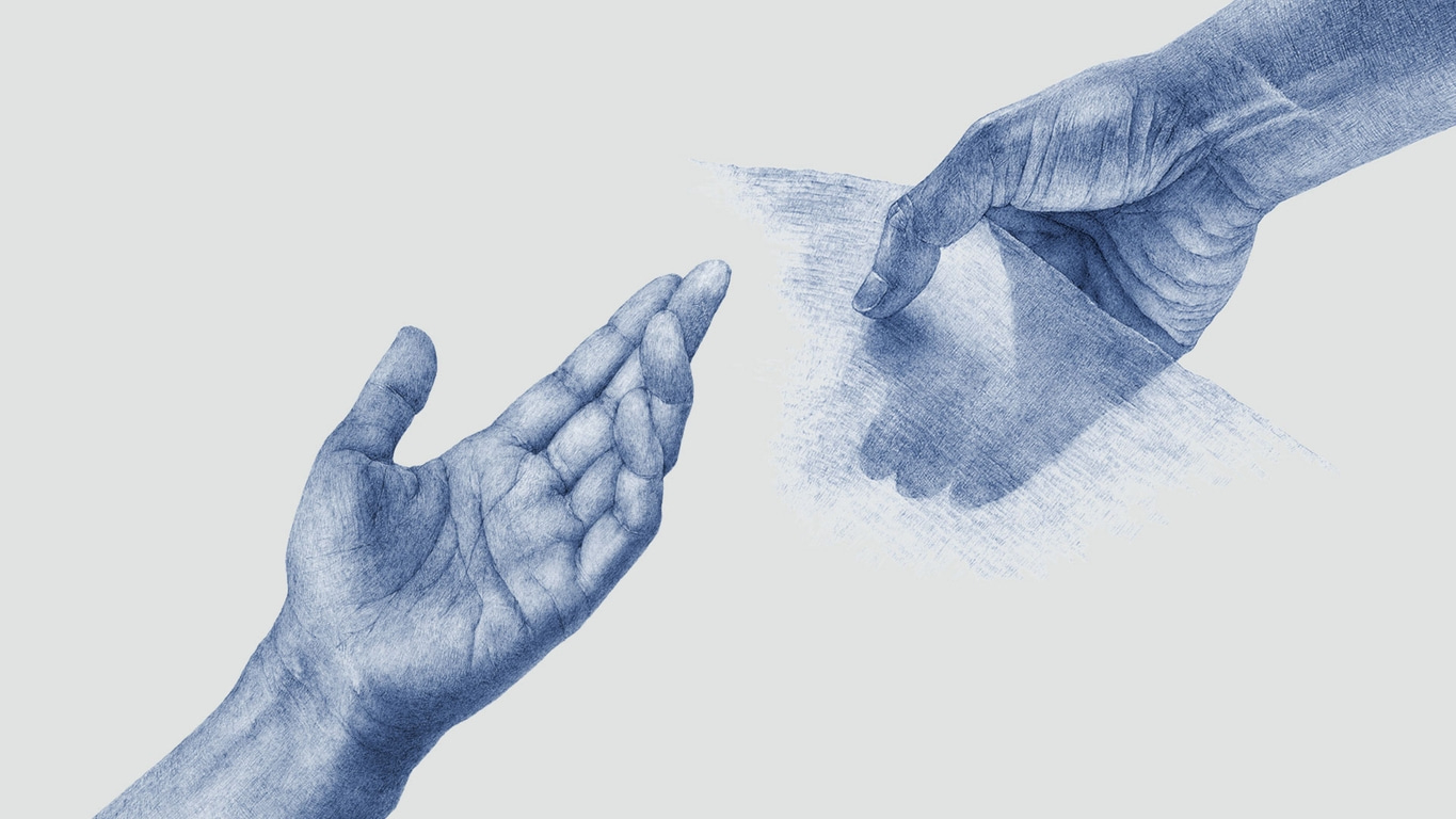 Zwei Hände, die sich ausstrecken, eine blaue Zeichnung, Geben und Empfangen.