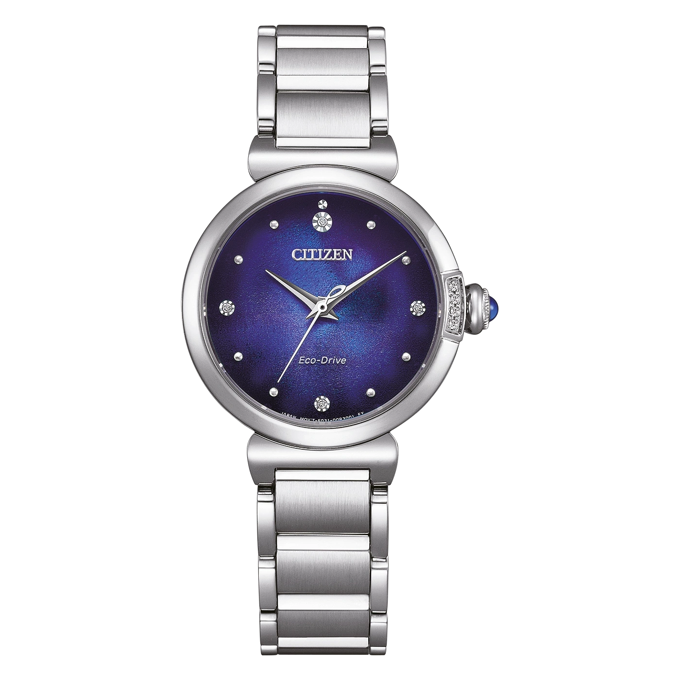 Citizen horloge met blauwe wijzerplaat en zilveren band, Eco-Drive technologie.