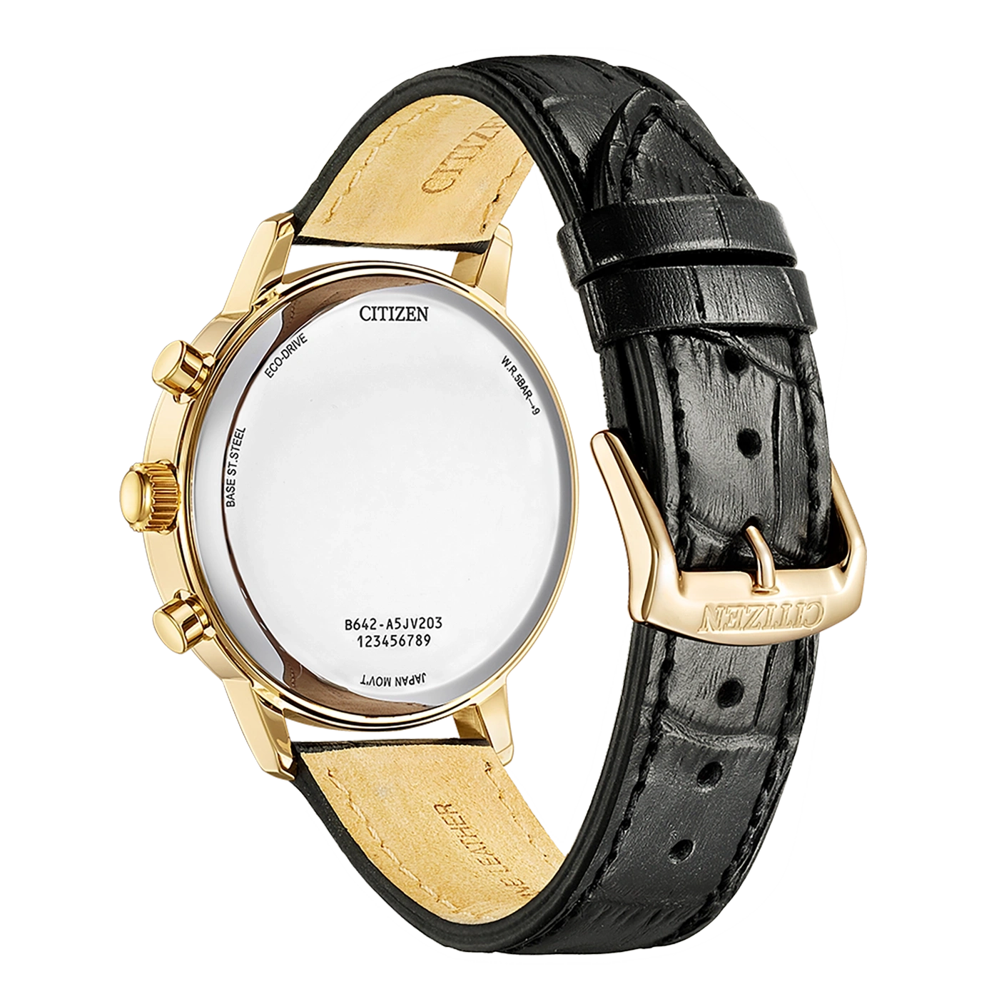 Citizen horloge, gouden kast, zwarte leren band, Eco-Drive, Japanse uurwerk, W.R.5BAR+9