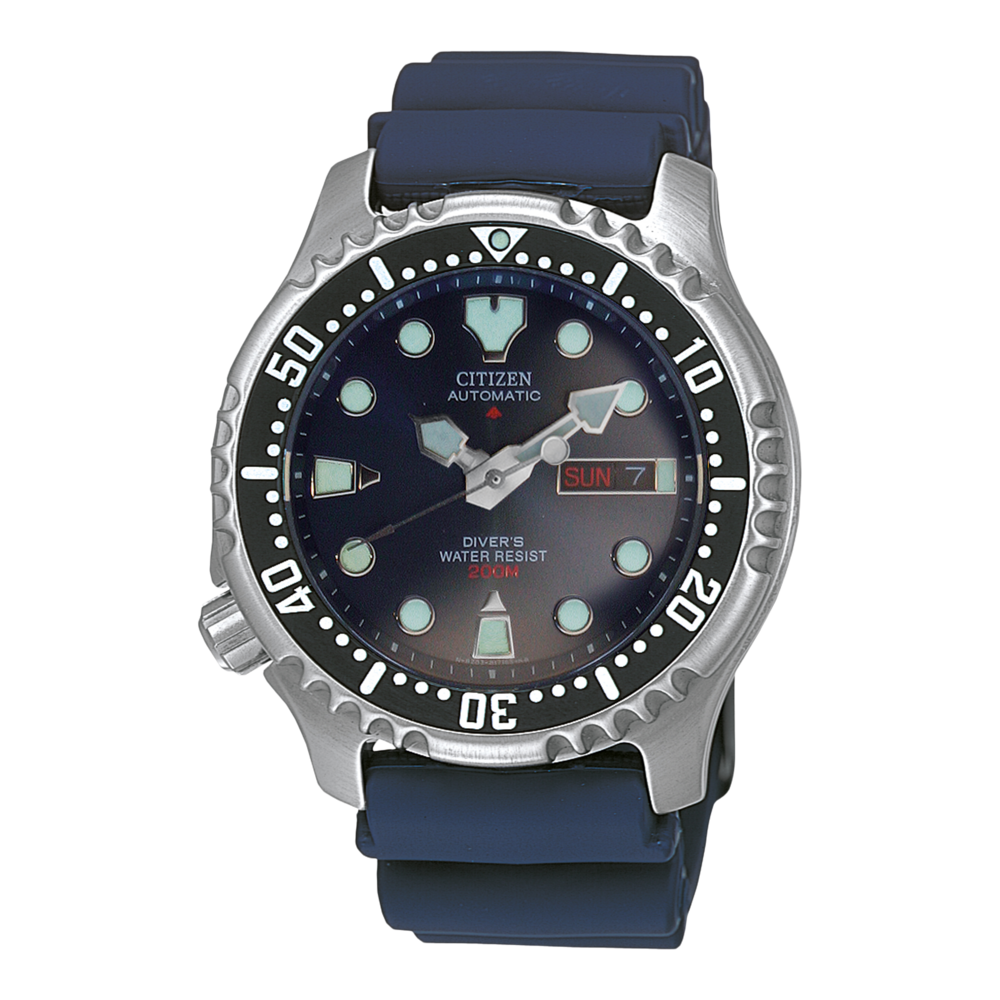 Citizen automatisch duikhorloge met blauwe band en zwarte bezel, dagweergave.