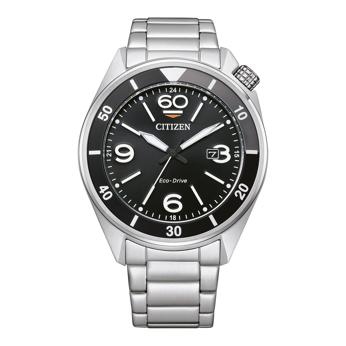 Citizen Eco-Drive horloge met zwarte wijzerplaat en zilveren armband, toont de tijd.