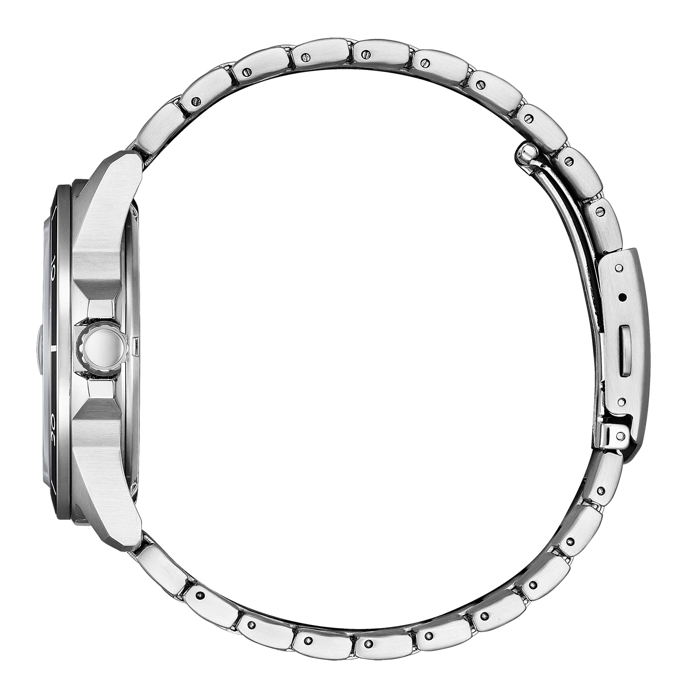 Zilveren horloge met metalen band, zijaanzicht, geïsoleerd op witte achtergrond.