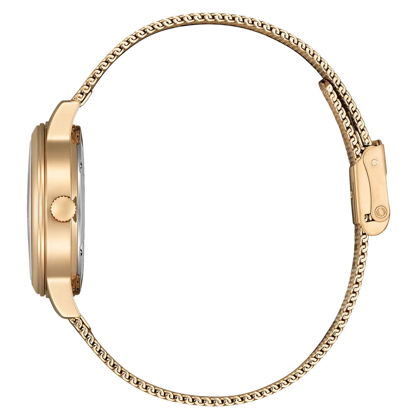 Gouden horloge met mesh band, zijaanzicht, elegant en stijlvol.