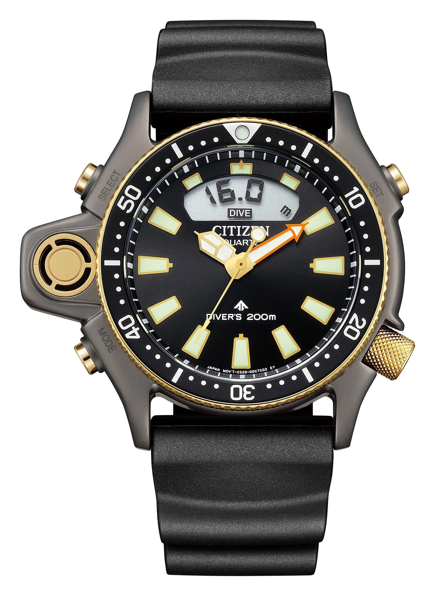 Citizen horloge met zwarte wijzerplaat, gouden accenten en digitale display, zwarte band