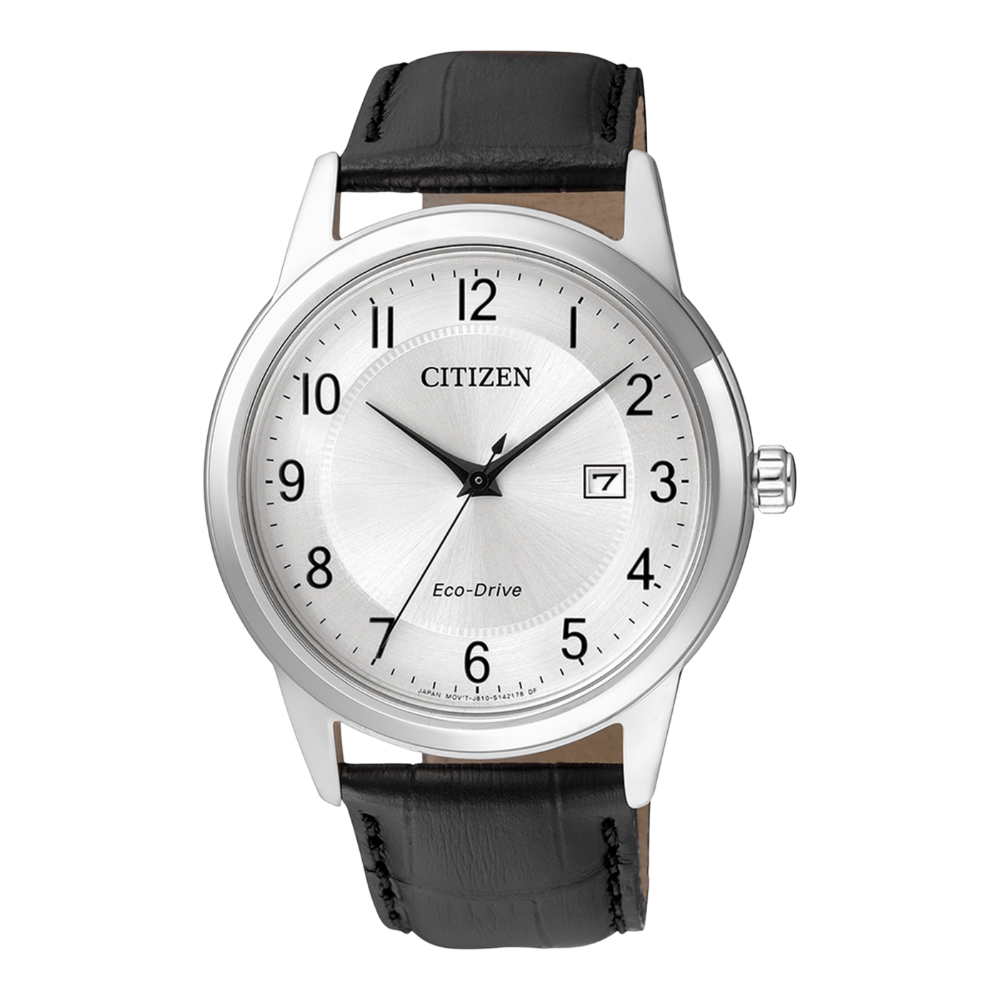 Citizen horloge met zilveren wijzerplaat, zwarte leren band en datumweergave.