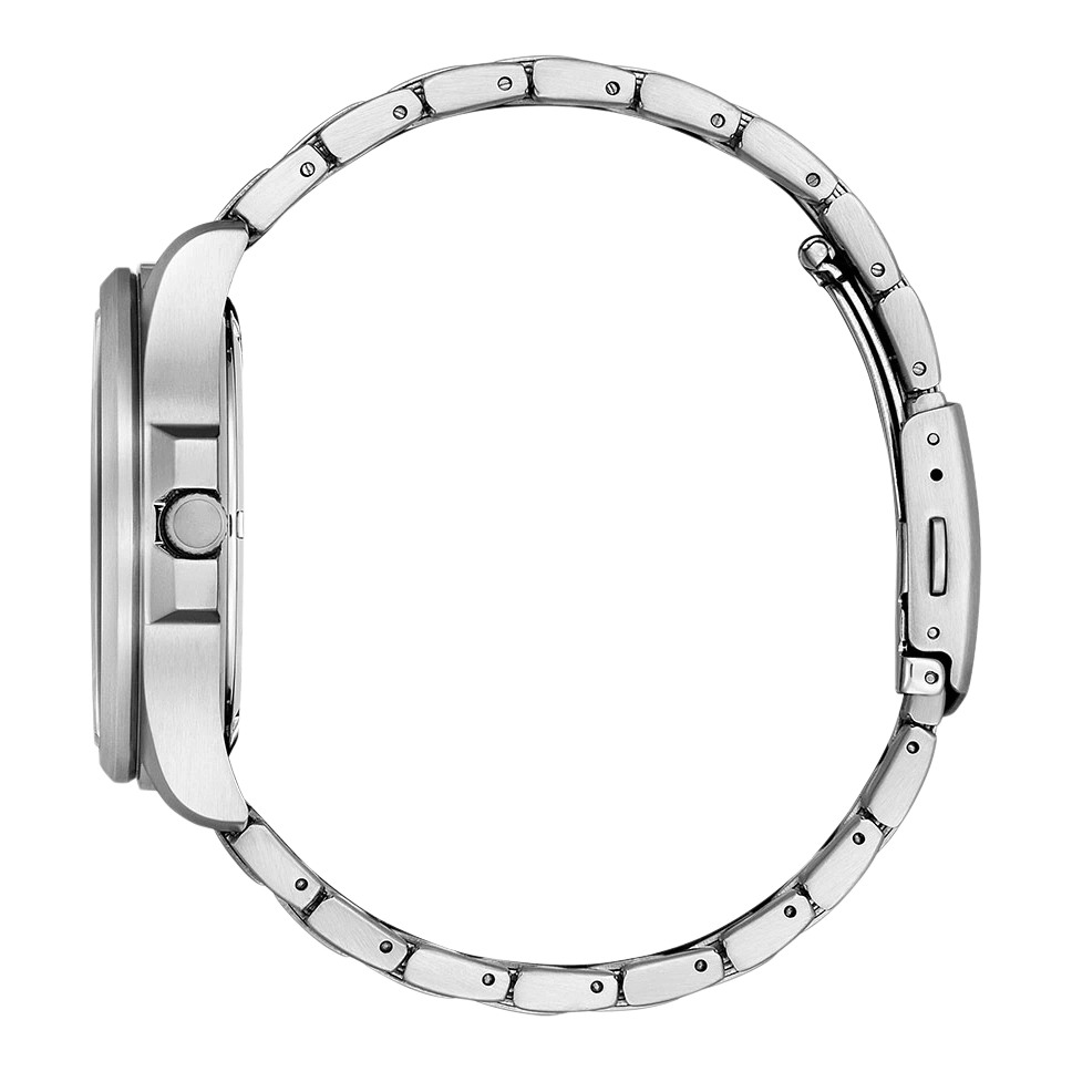 Zilveren horloge met metalen band, zijaanzicht, geïsoleerd op witte achtergrond.