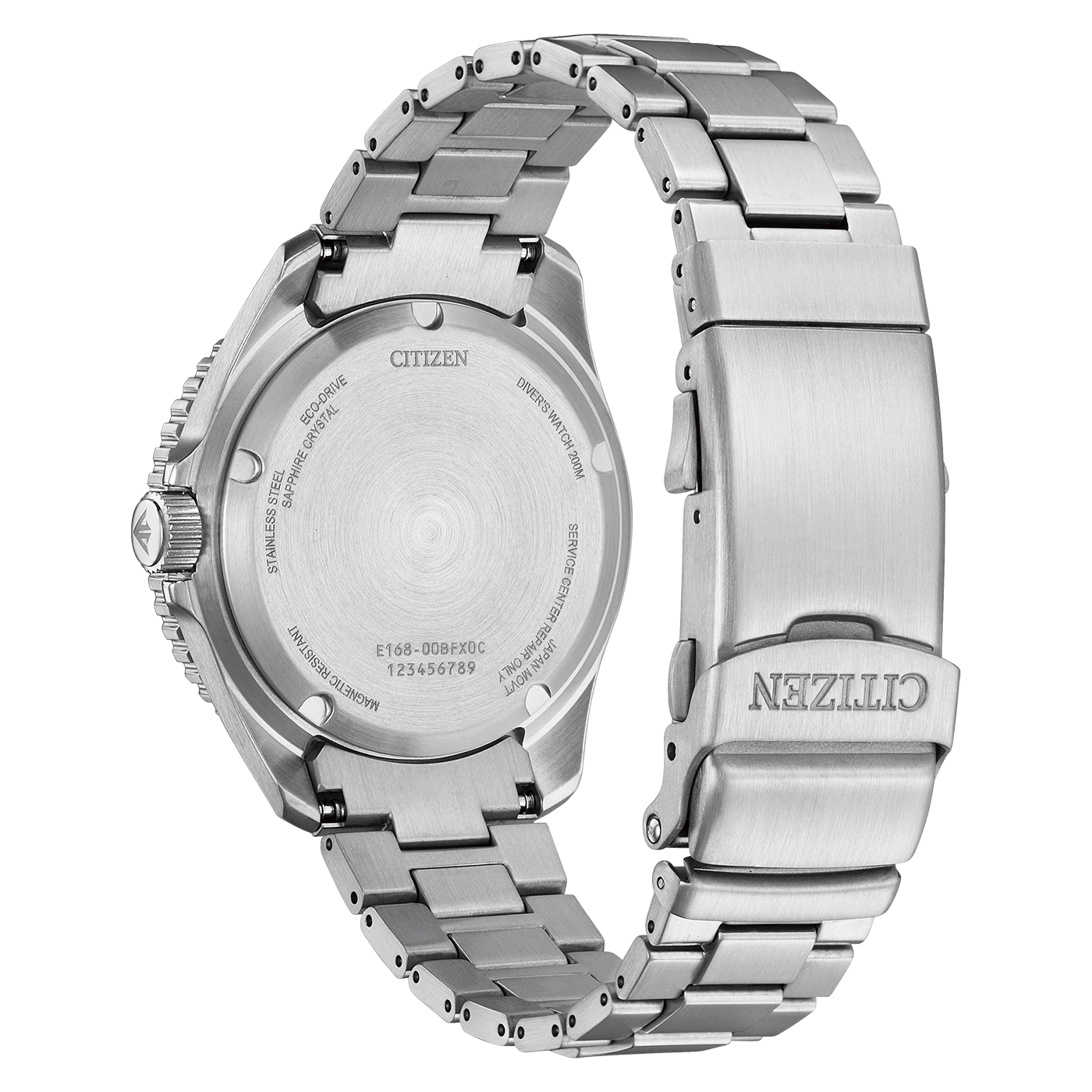 Achterkant van een roestvrijstalen Citizen Eco-Drive duikhorloge.