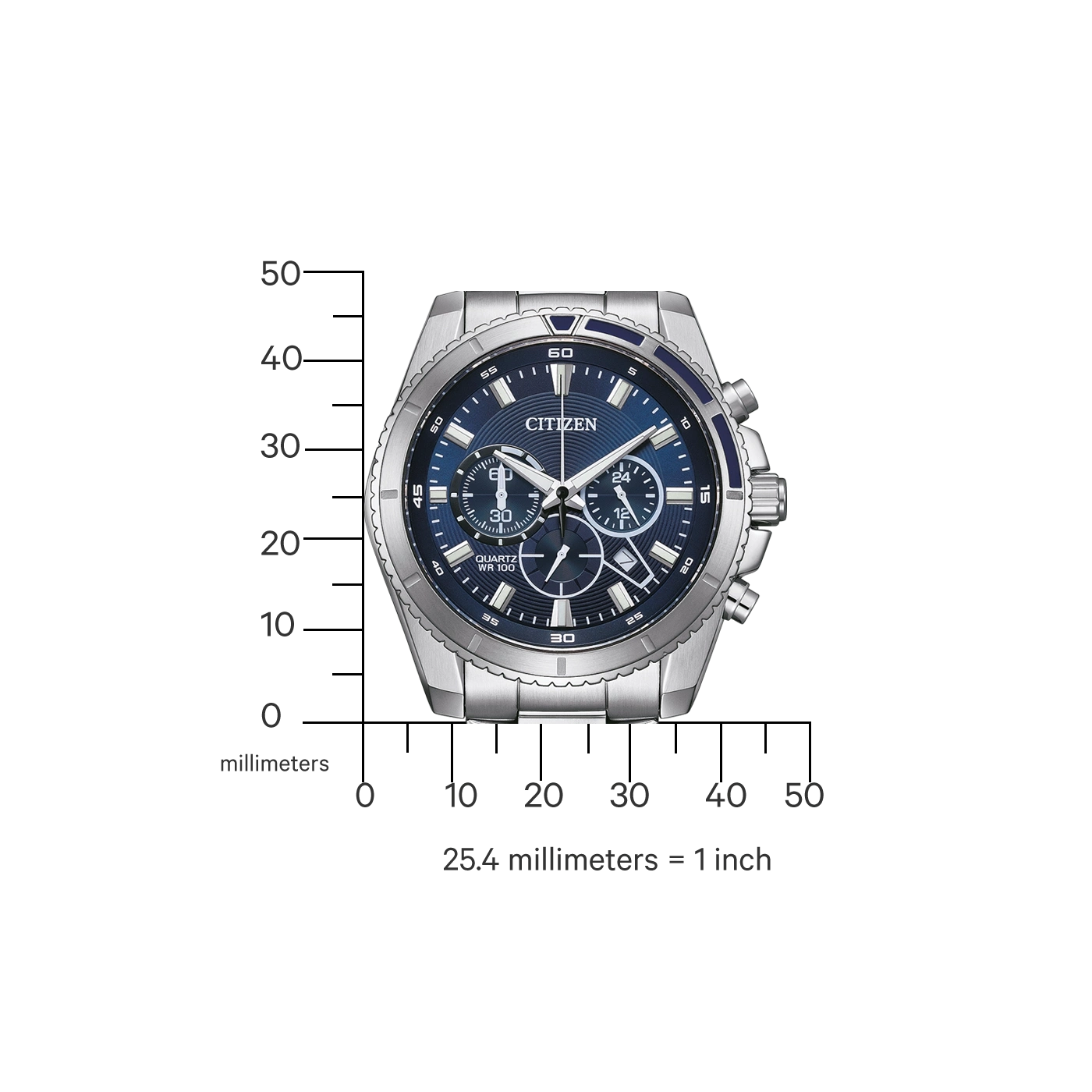 Citizen horloge met blauwe wijzerplaat en zilveren kast, gemeten in millimeters.