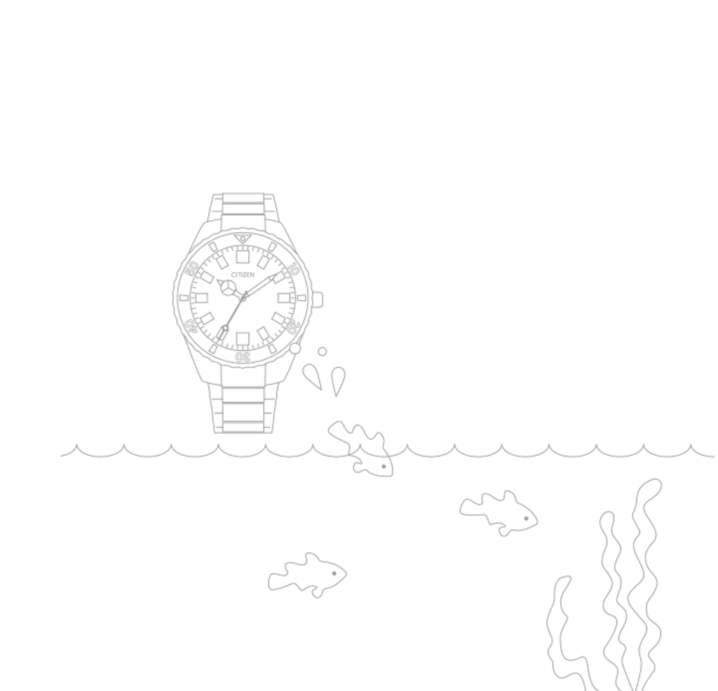 Horloge duikt in water met vissen en zeewier, merk Citizen.