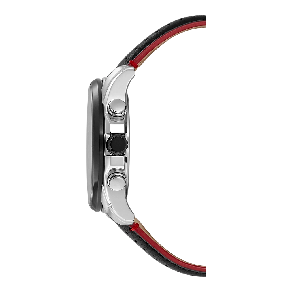 Zijaanzicht van een zilveren horloge met zwarte en rode band