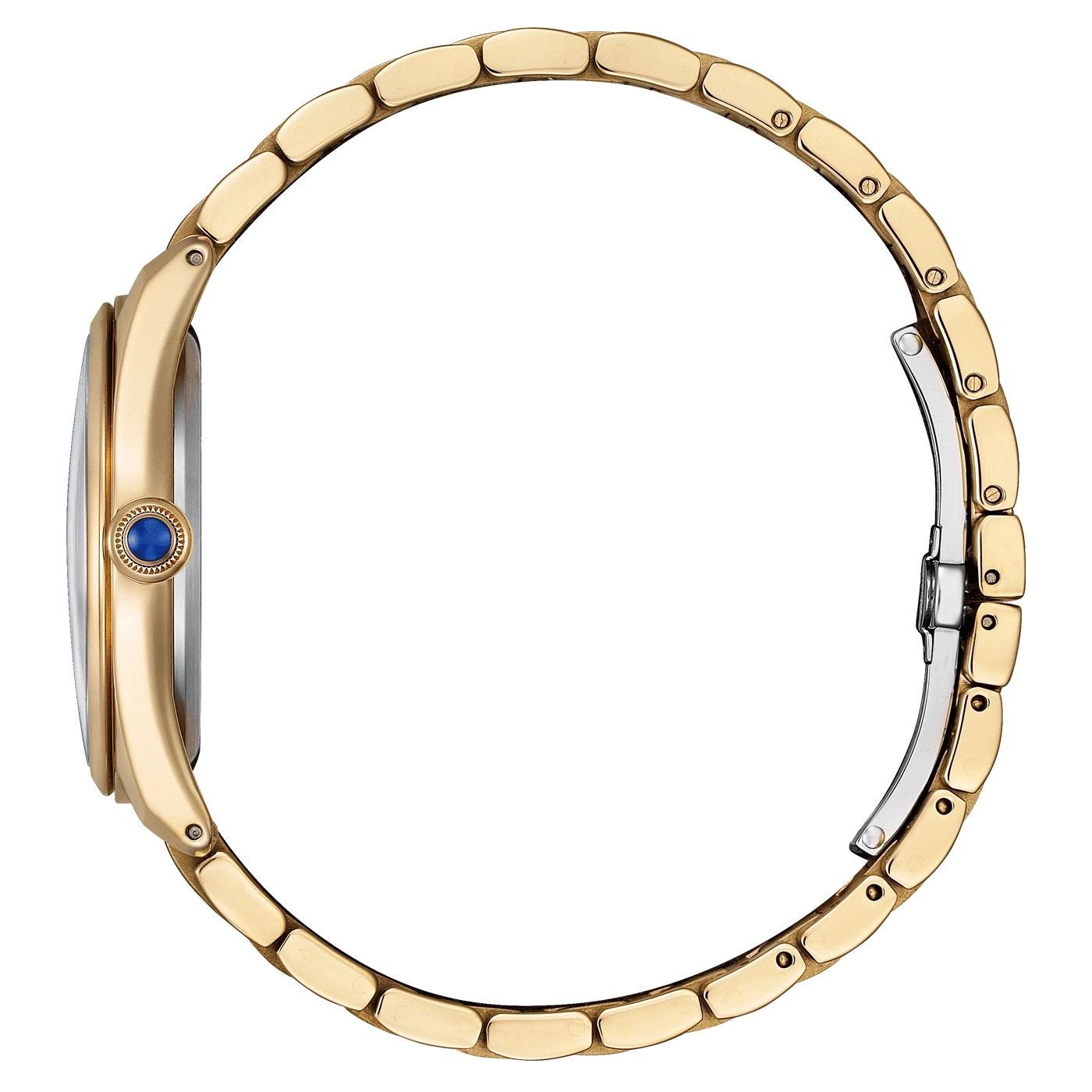 Gouden horloge met blauwe edelsteen, zijaanzicht, elegant design, luxe accessoire