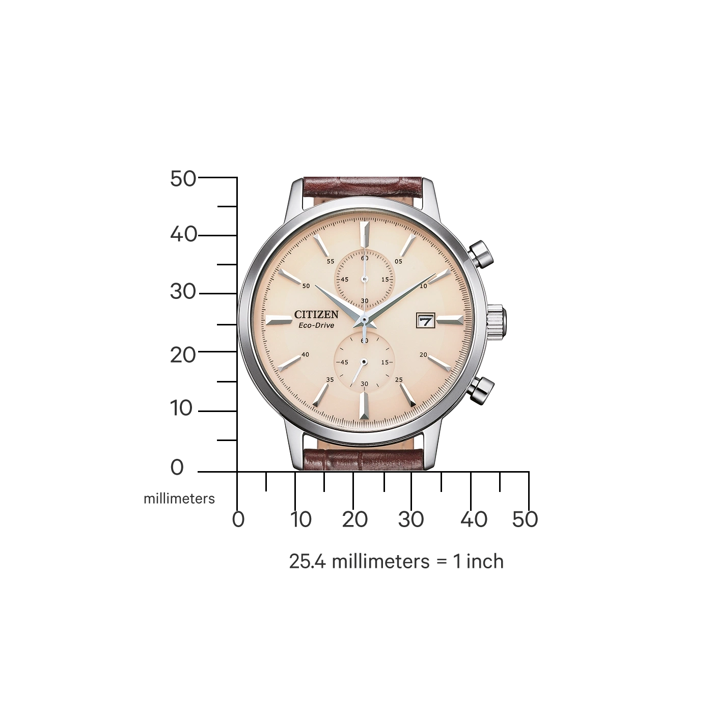 Citizen Eco-Drive horloge met bruin lederen band en chronograaf functies.