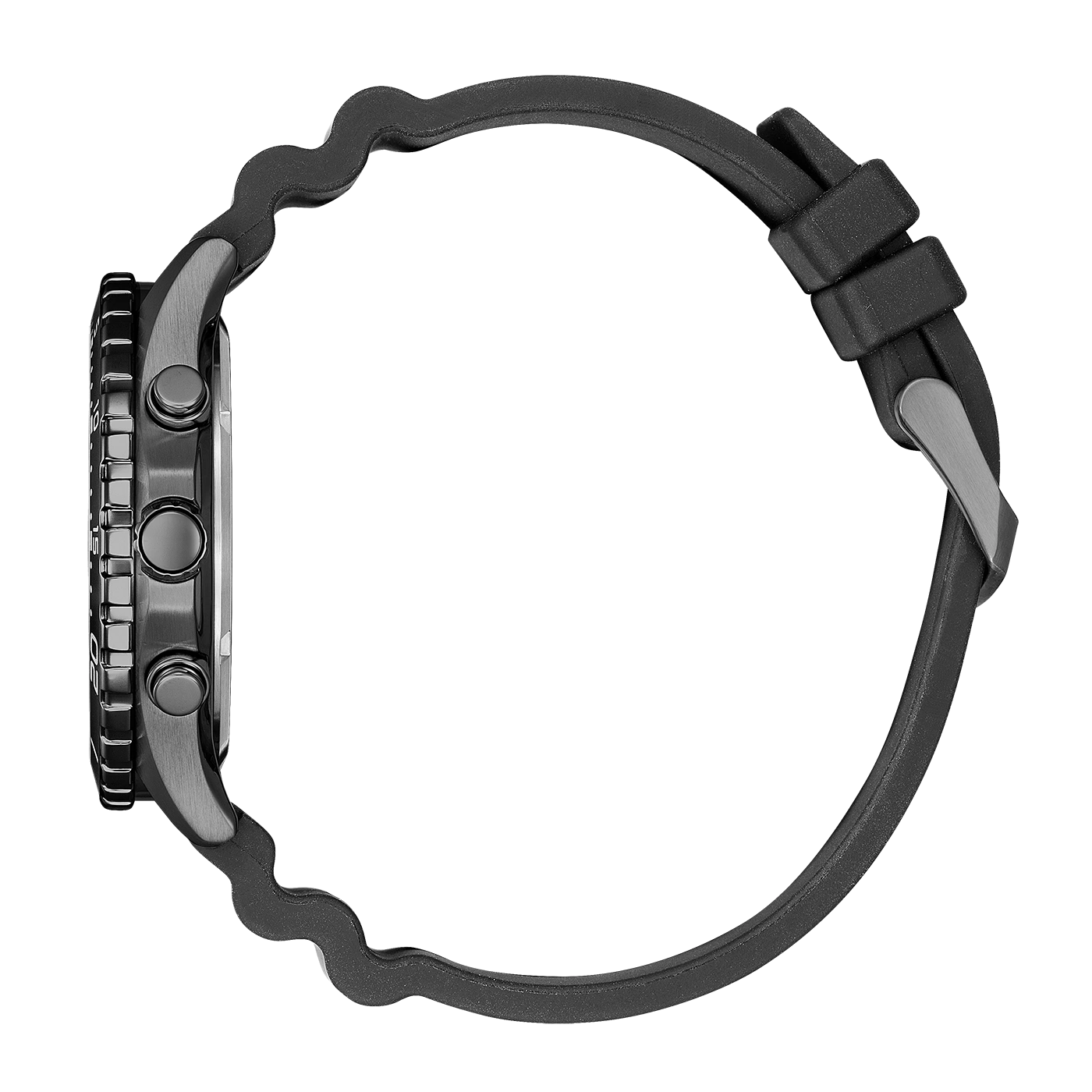 Zwart horloge met zwarte band, zijaanzicht, geïsoleerd op witte achtergrond.
