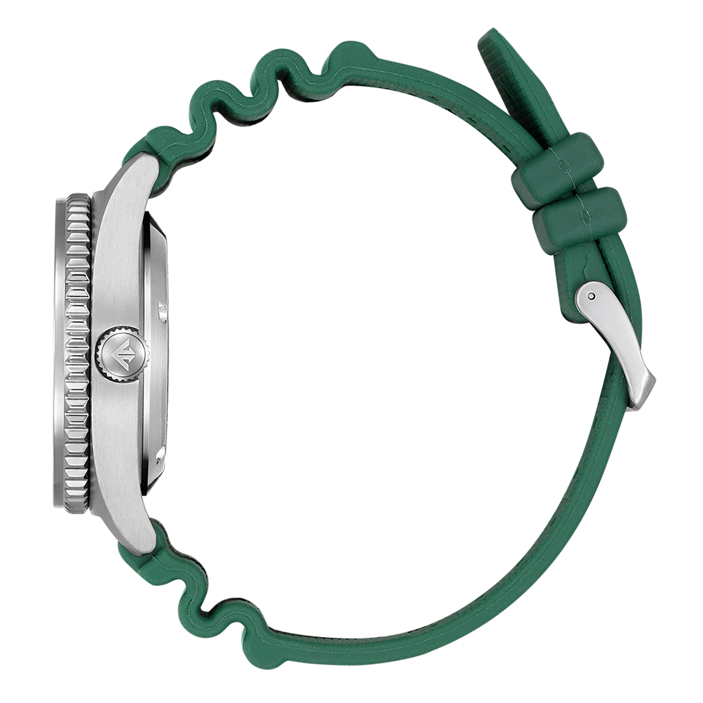 Groen horloge met een zilveren kast en een uniek groen bandontwerp.