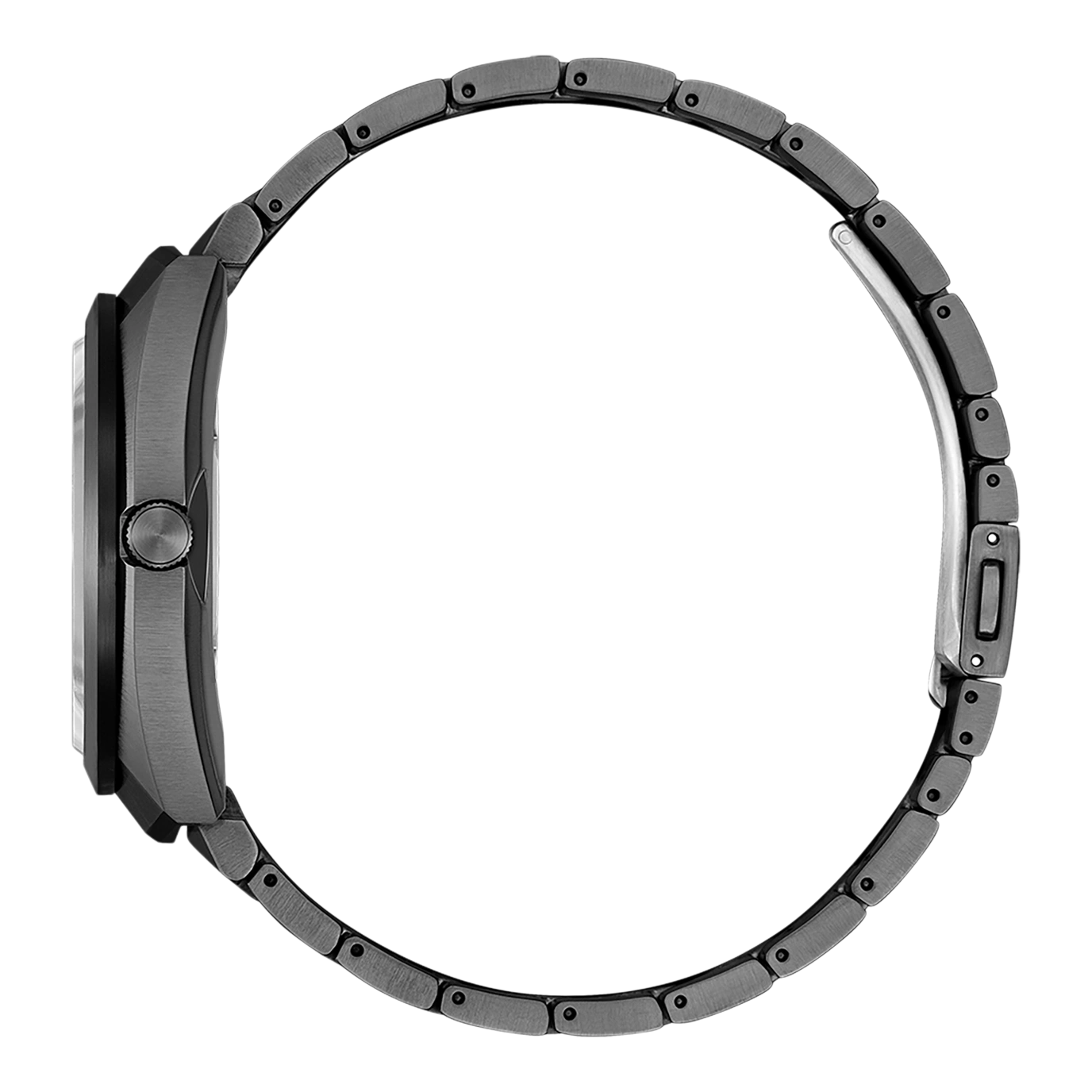 Zijaanzicht van een donkergrijs horloge met metalen band, modern design.